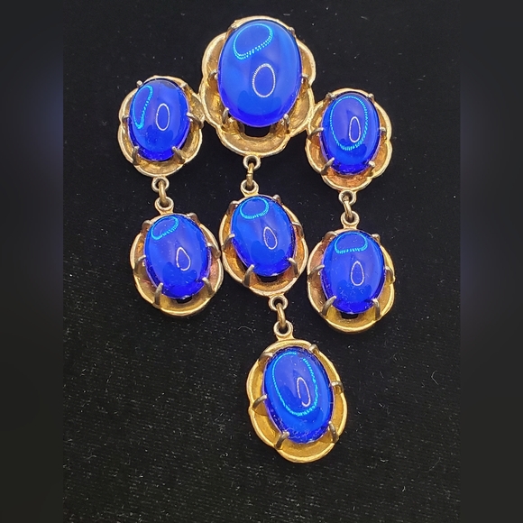 Huge Cobalt Blue Mirror Glass Dangle Brooch Cabochons Regency Style 4 inch - Picture 1 of 10